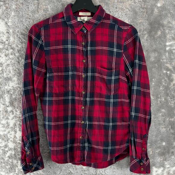 H&M Size 6 Fitted Plaid Casual Button Top Red Long Sleeve Pocket Collar - Picture 1 of 9